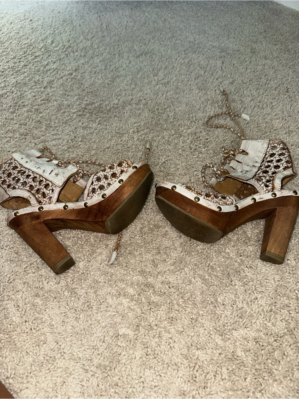 Sbicca White Woven Lace-Up Platform Sandals with Wooden Block Heel